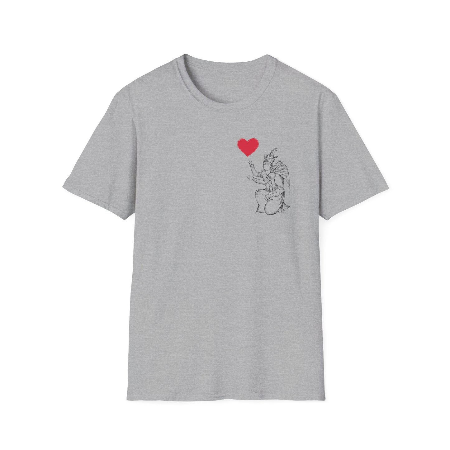 Gray t-shirt with a graphic of a person holding a heart on a white background